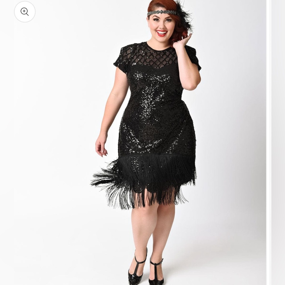 Unique Vintage Plus Size 1920s Black Sequin Fringe Del Mar Flapper Dress